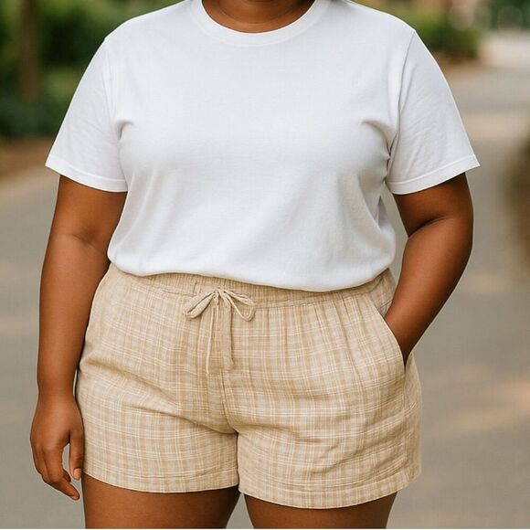 Melrose and Market Women's Plaid Drawstring Shorts Beige Size XL - Picture 4 of 6